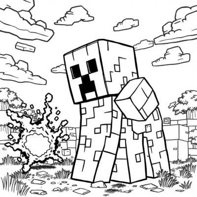 Livre de coloriage : Minecraft – Creeper explose à proximité