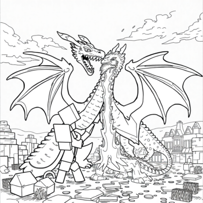 Coloriage : Minecraft – Combat de dragon dans l’End