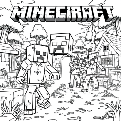 Colorier : Minecraft – Les zombies viennent au village