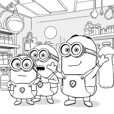Livre de coloriage : Les Minions – Les Minions célèbrent dans le laboratoire