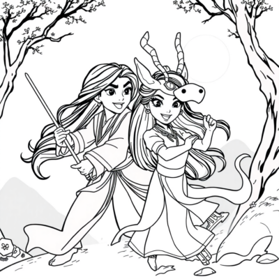 Livre de coloriage : Mulan et Mushu en action