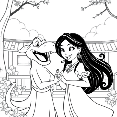 Coloriage : Mulan et Mushu dans une scène humoristique
