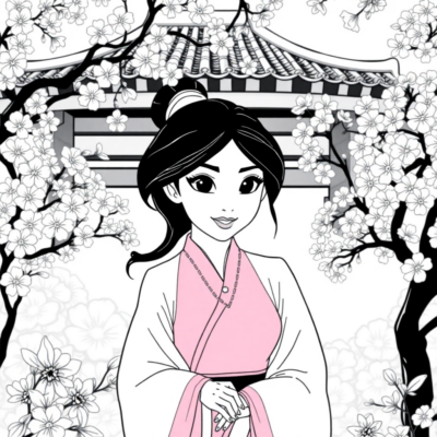 Livre de coloriage : Mulan dans le jardin aux cerisiers
