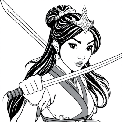Coloriage : Mulan en tenue de guerrière avec son épée