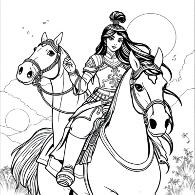 Colorier : Mulan en armure à cheval