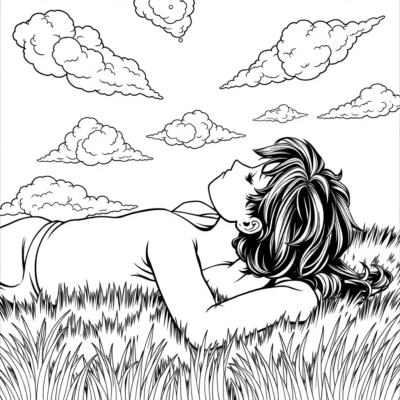 Livre de coloriage : Détente – Allongé sur l’herbe et regardant les nuages
