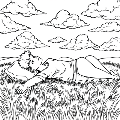 Livre de coloriage : Détente – Allongé sur l’herbe à regarder les nuages