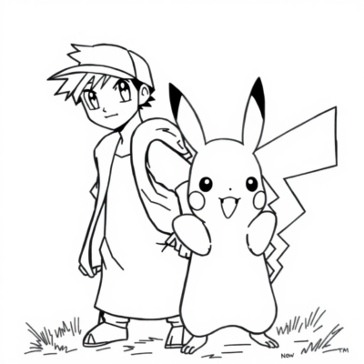 Coloriage : POKEMONS – Ash et Pikachu prêts à combattre