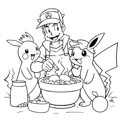 Dessin de coloriage : POKÉMONS – Brock cuisine un repas pour les Pokémon