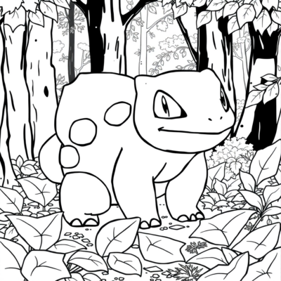 Coloriage : POKEMON – Bulbizarre dans la forêt avec des feuilles