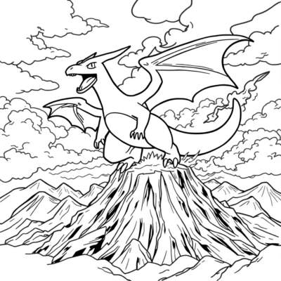 Coloriage : POKÉMONS – Charizard vole au-dessus d’un volcan