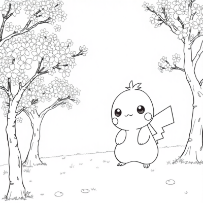 Coloriage : POKÉMONS – Chikorita parmi les arbres en fleurs