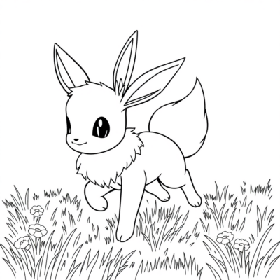 Dessin à colorier : POKÉMON – Eevee court dans le pré