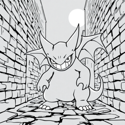 Livre de coloriage : POKÉMONS – Gengar dans une ruelle sombre