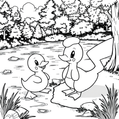 Coloriage : POKÉMONS – Misty avec Psyduck au bord de la rivière