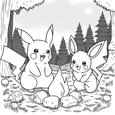 Coloriez: POKÉMONS – Pikachu et Eevee autour du feu de camp