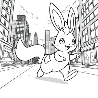 Livre de coloriage : POKEMON – Scorbunny court à travers la ville