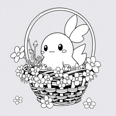 Livre de coloriage : POKEMON – Togepi dans un panier de fleurs