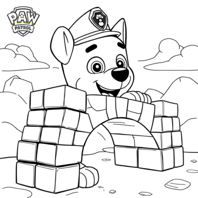 Livre de coloriage : la Pat’Patrouille : Rubble construit un pont en blocs