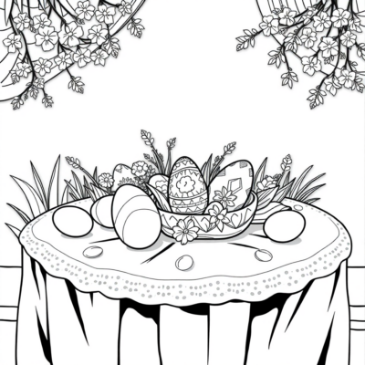 Livre de coloriage : Œufs de Pâques sur la table avec une nappe