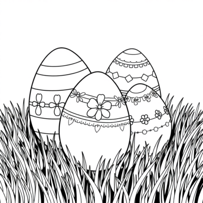 Coloriage : Oeufs de Pâques sur l’herbe verte