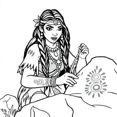 Coloriage : Pocahontas peint des motifs sur les rochers