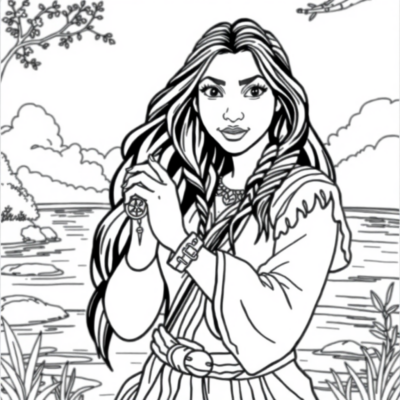Livre de coloriage : Pocahontas avec une boussole au bord de la rivière