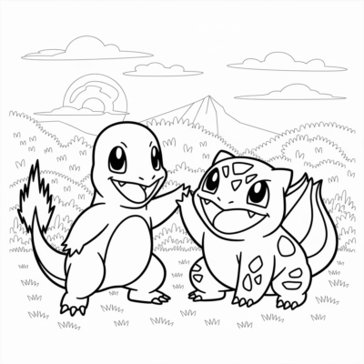 Coloriage : Pokémon – Charmander et Bulbasaur jouent ensemble