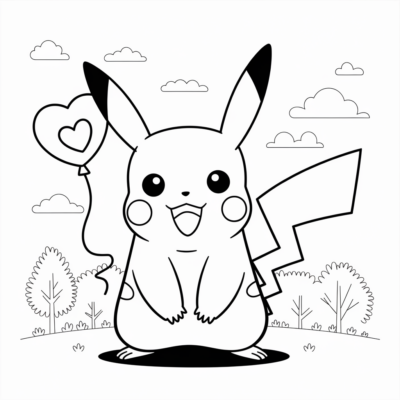 Coloriage : Pokémon – Pikachu avec un ballon en forme de cœur