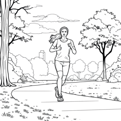 Coloriage : Détente – Jogging dans un parc paisible au matin