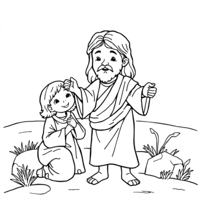 Coloriage chrétien : Enfants et Jésus à dessiner