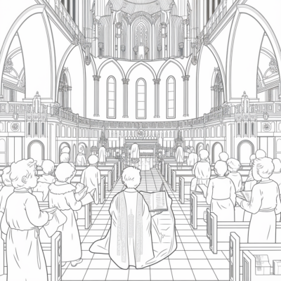 Coloriage : Religion – Enfants à l’église pendant le chant