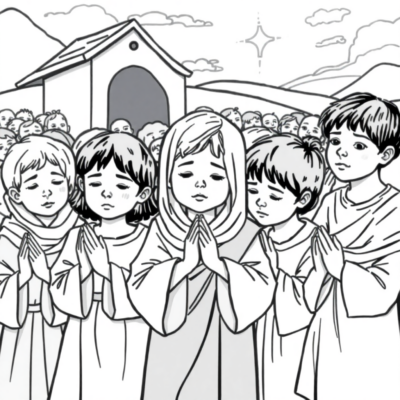 Coloriage : Religion – Enfants rassemblés en prière