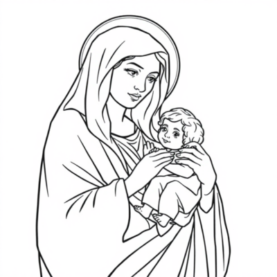 Livre de coloriage : Religion – Marie tenant l’Enfant Jésus