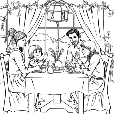 Dessin à colorier : Une famille décorant la table de Pâques
