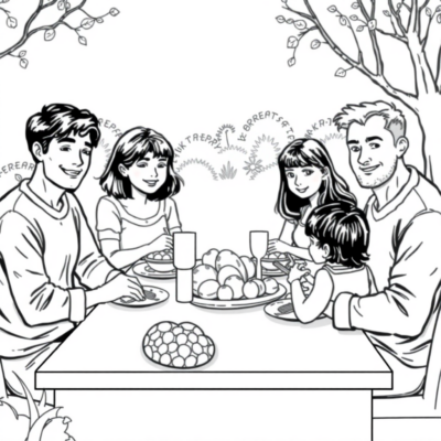 Livre de coloriage : La famille au petit déjeuner de Pâques