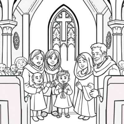 Livre de coloriage : Famille à l’église pour les fêtes