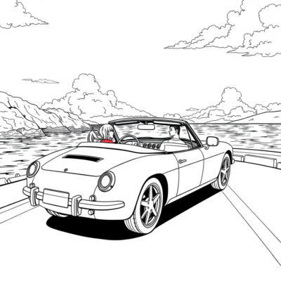 Coloriage : Voiture – Cabriolet se dirigeant vers la mer
