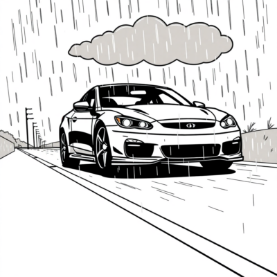 Dessin à colorier : Voiture – Voiture sous la pluie sur une route vide
