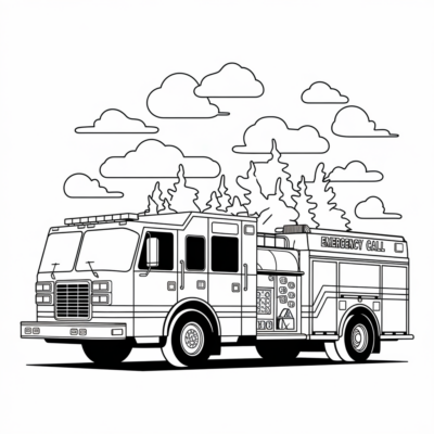 Livre de coloriage : Voiture – Camion de pompiers en intervention