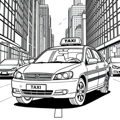 Coloriage : Voiture – Taxi dans la grande ville
