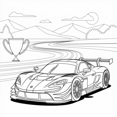 Livre de coloriage : Voiture de course sur la piste avec des trophées