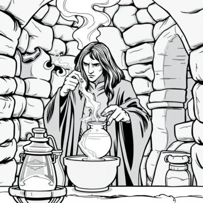 Coloriage : Snape prépare une potion dans les cachots