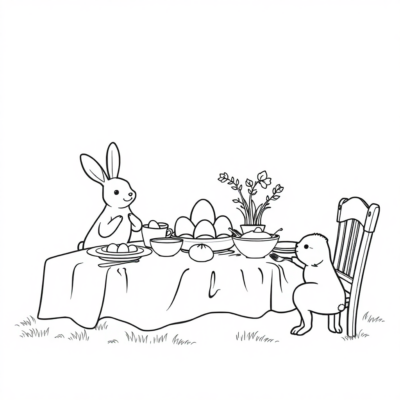 Coloriage : Table de Pâques avec des plats