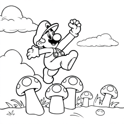 Coloriez: Super Mario – Mario saute sur les champignons