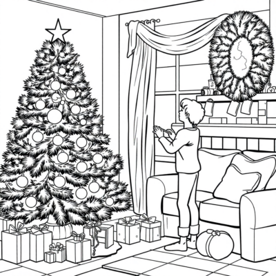 Dessin à colorier : Noël – Décoration du sapin à la maison