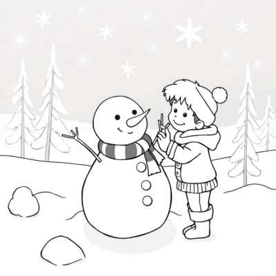 Coloriage : Noël – Les enfants construisent un bonhomme de neige