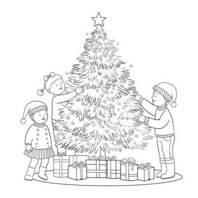 Livre de coloriage : Noël – Les enfants décorent le sapin
