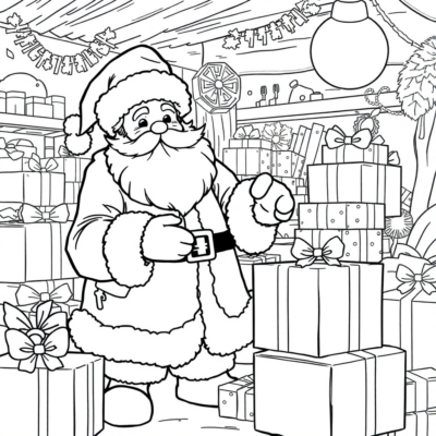 Livre de coloriage : Noël – Le Père Noël emballe des cadeaux dans son atelier