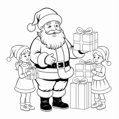 Colorier: Noël – Le Père Noël distribue des cadeaux aux enfants
